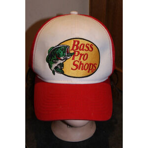 Bass Pro Shops Embroidered Logo Red White Trucker Mesh Snapback Hat Cap